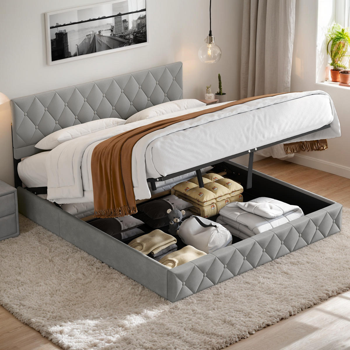 POLSTERBETT 180/200 cm Grau mit hydraulischem Stauraum aus Samt - Grau, Holzwerkstoff (180/200cm) - OKWISH