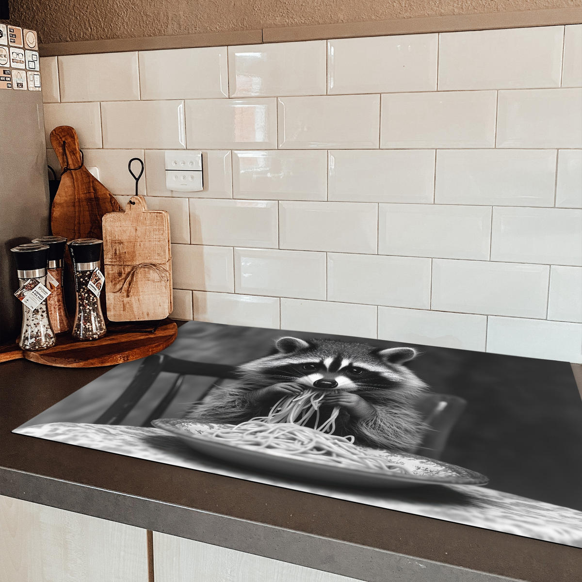 HERDABDECKPLATTE Waschbär - Niedlich - Pasta - Tischtuch - Schwarz - Weiß Induktionsmatte 83x51 cm - Grau, Kunststoff (83/51.5/0.2cm) - MuchoWow