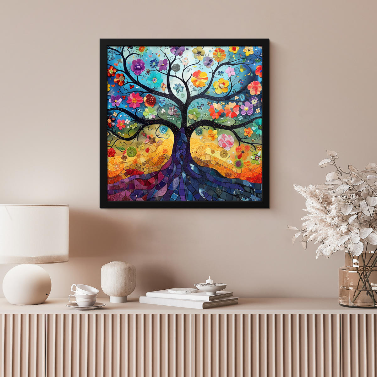 POSTER MIT RAHMEN Kunst - Baum des Lebens - Blumen - Hippie 40x40 cm - Dunkelblau, Papier (40/40cm) - MuchoWow