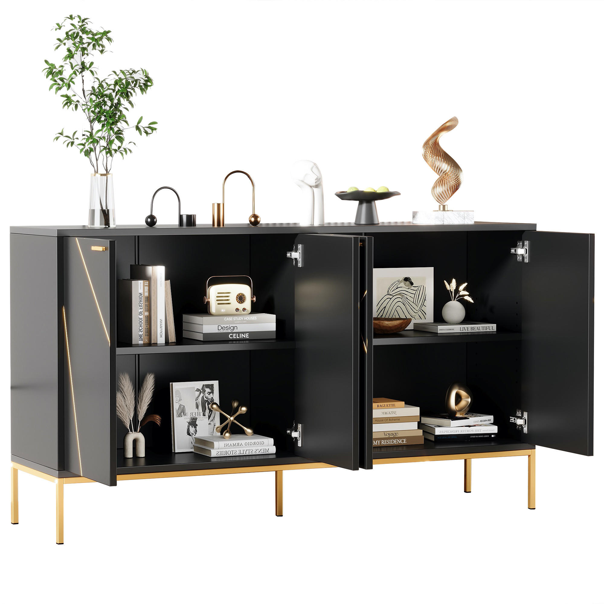 SIDEBOARD TV-Schrank Design Schwarz Gold 150x40x80cm - Schwarz, Holzwerkstoff (40/80/150cm) - FLIEKS