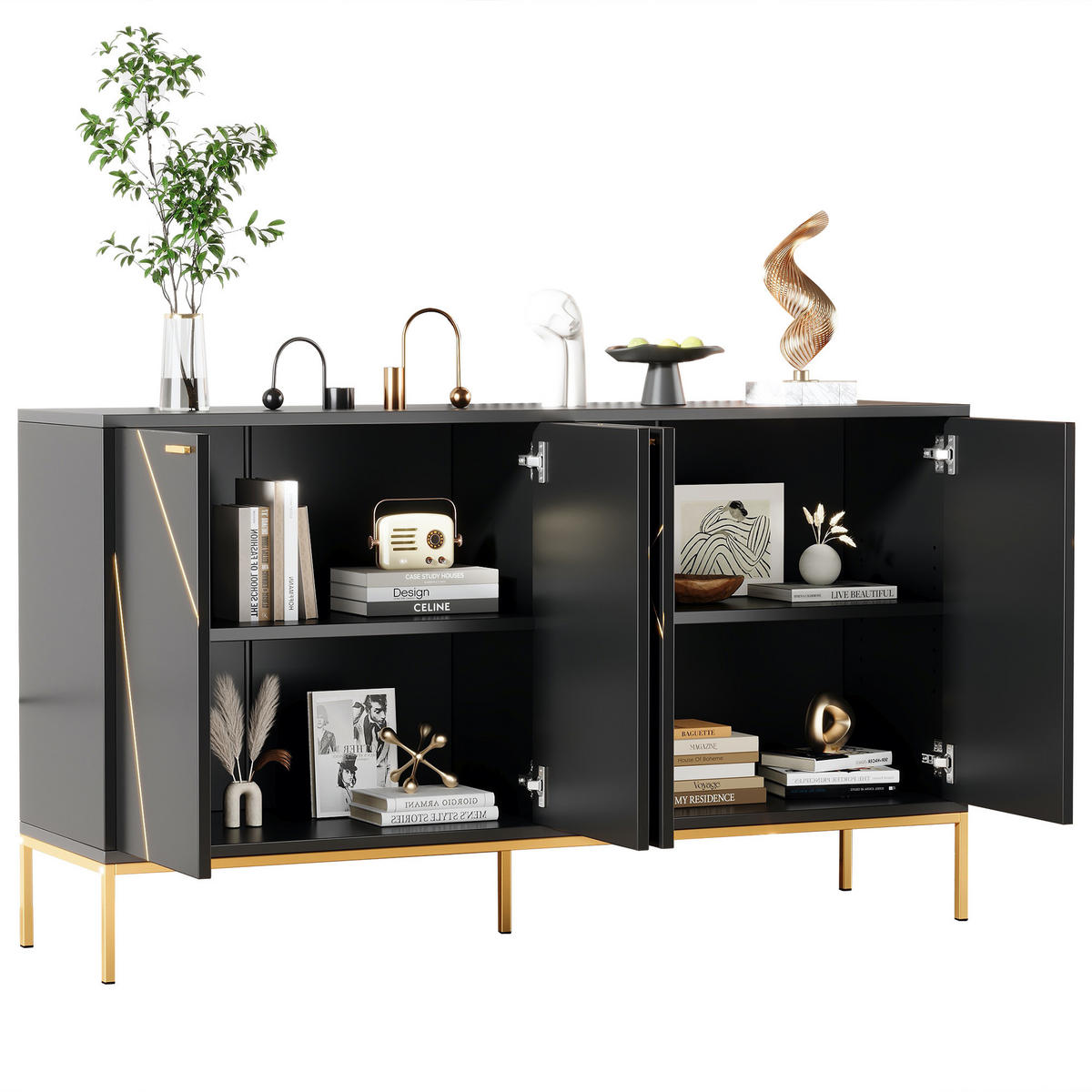 SIDEBOARD TV-Schrank Design Schwarz Gold 150x40x80cm - Schwarz, Holzwerkstoff (40/80/150cm) - FLIEKS