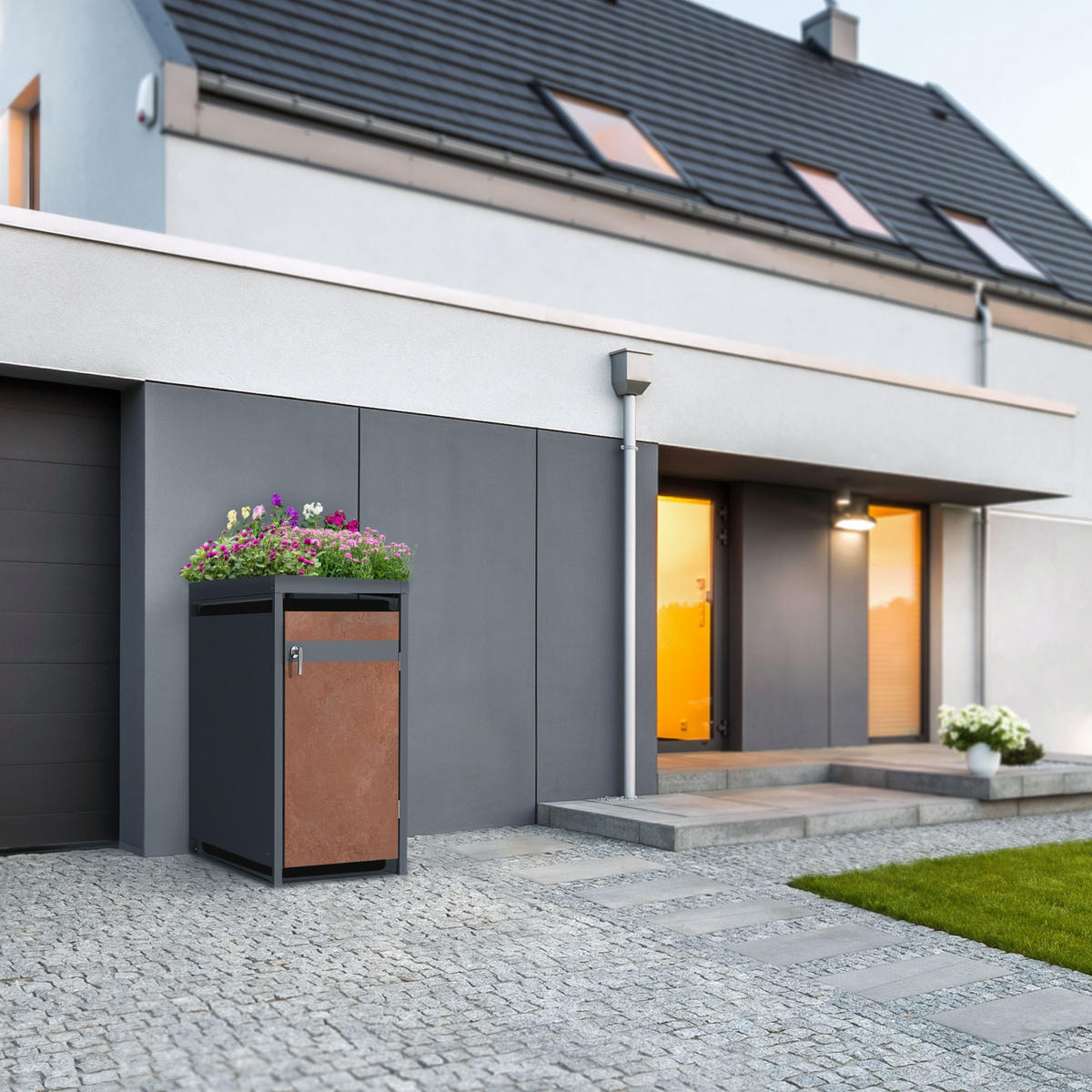 MÜLLTONNENBOX 1er mit Pflanzdach Anthrazit-Rostoptik - Rotbraun, Metall (80/124/68cm) - ML-DESIGN