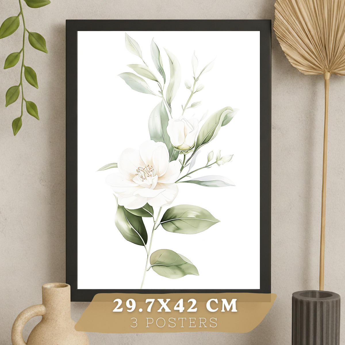 PLAKAT Sada 3 botanických tisků Zelenobílé květy. Akvarelové plakáty rostlin v jemných zelených tónech Obrázky. Černý rám velikosti A3 - černá, papír (29.7/42/3cm) - Nacnic