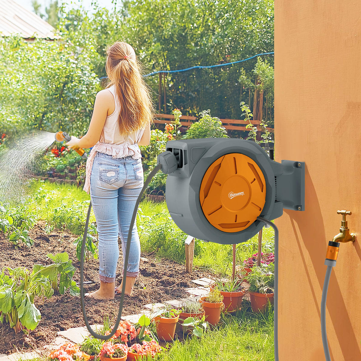SCHLAUCHAUFROLLER DE-13819 30 m automatisch 180° schwenkbar Orange - Orange, Kunststoff (23/42/59cm) - ComfortXL