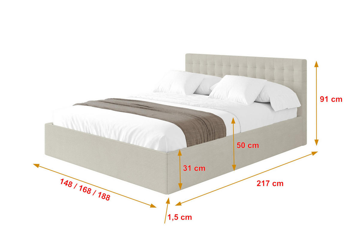 POLSTERBETT mit Bettkasten und Lattenrost, Boxbett ohne Matratze - PARI 180x200 Creme - Creme, Holzwerkstoff/Textil (180/200cm) - ALTDECOR