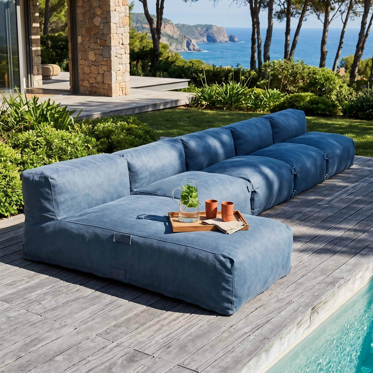 GARTENSOFA mit 5 Sitzplätzen, Pazifikblau - Blau, Textil - Oviala