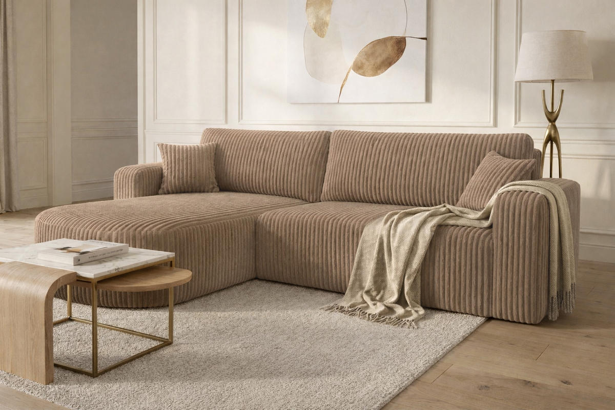 ECKSOFA Mit Schlaffunktion, Cordstoff Tilia, Braun, Links, ROUND ONE XL - Braun, Holz (271/175cm) - Kaiser Möbel