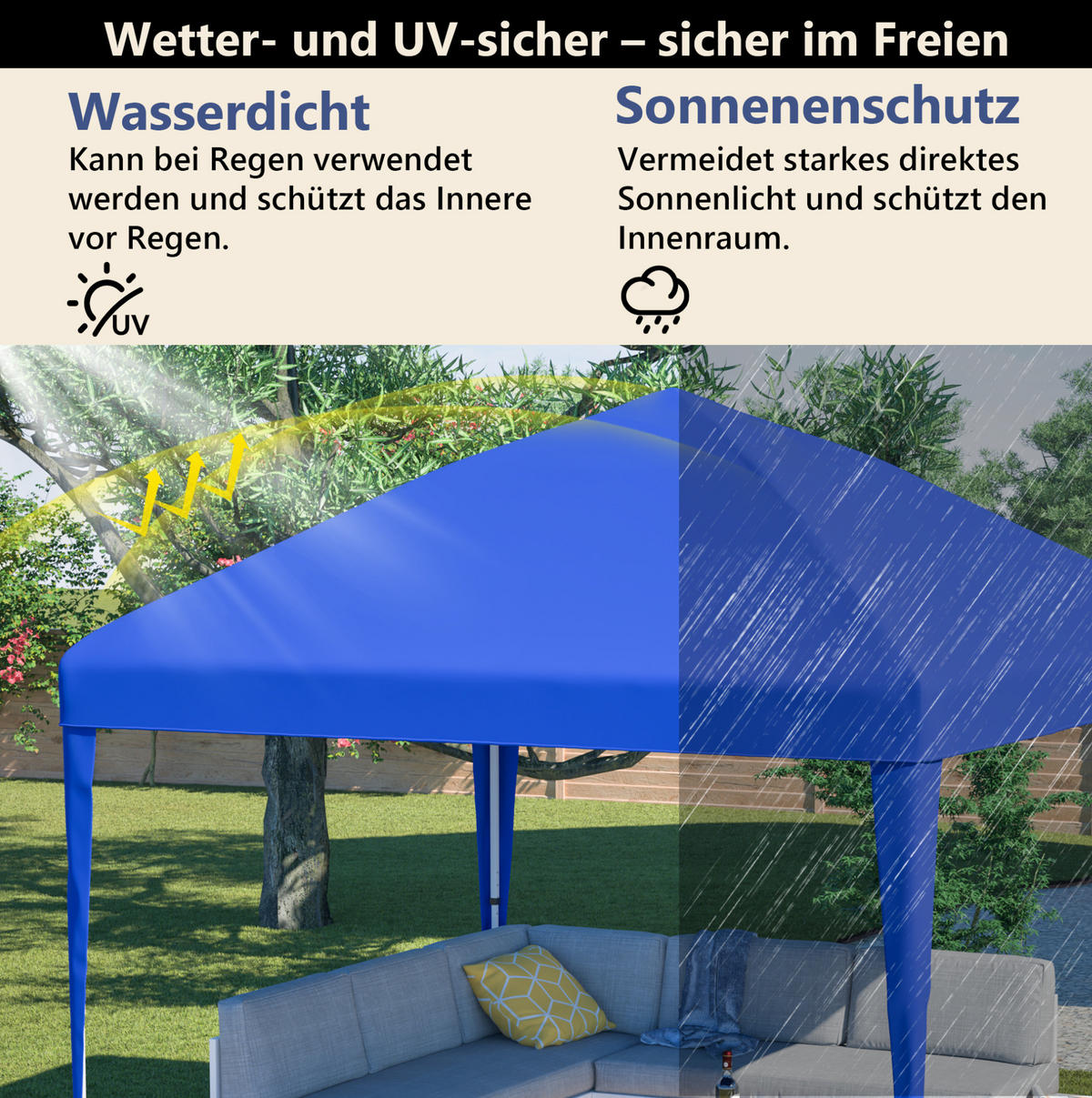 PAVILLON 313/313 cm höhenverstellbar, faltbar mit wasserabweisendem UV-Schutzdach und Tragetasche, Blau - Blau, Kunststoff (313/260/313cm) - Redom