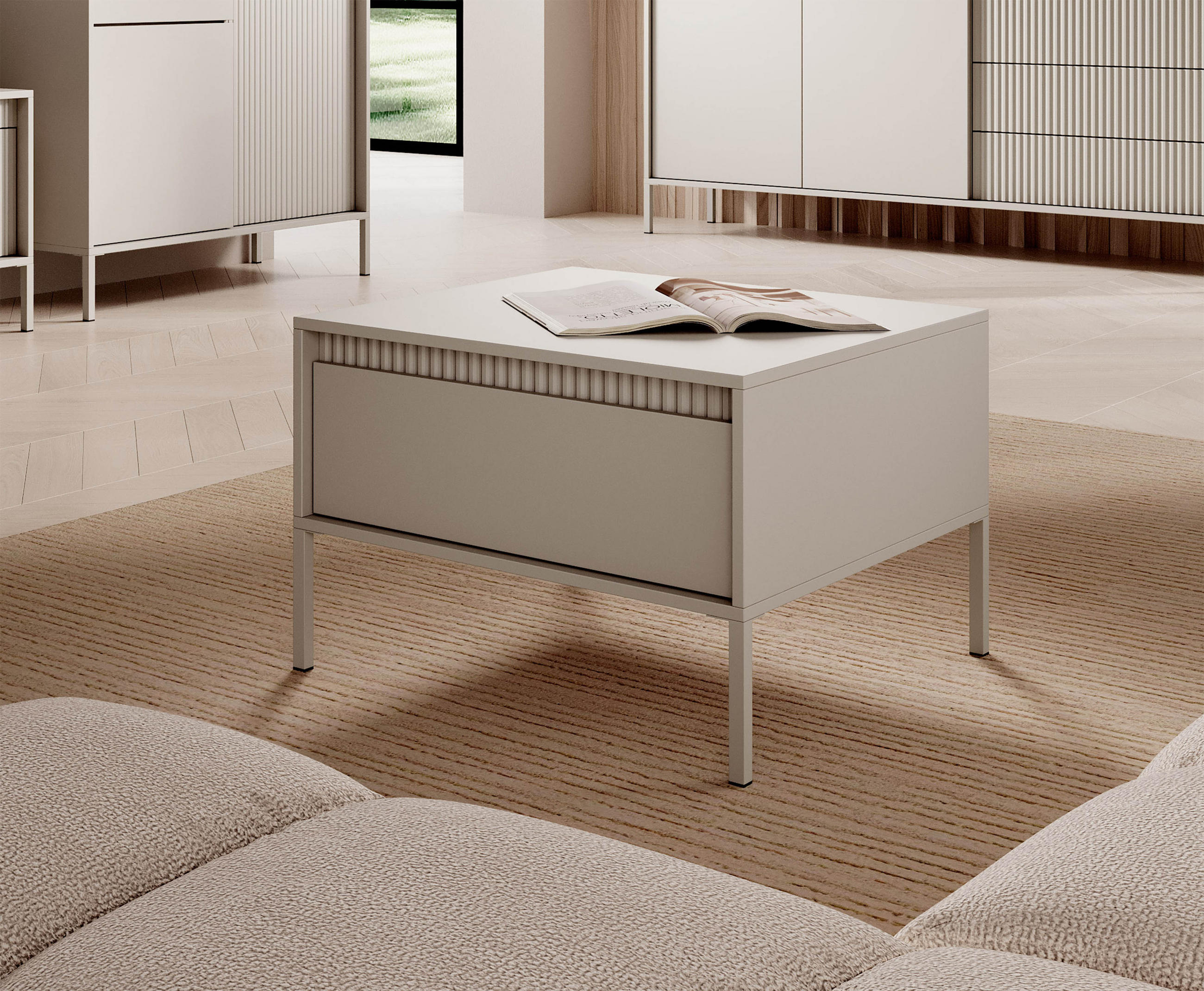 COUCHTISCH SENSO S1, Quadratisch, Mit Schublade Push-To-Open MDF, Metallbeine, 68x68x48,4 cm, Beige - Beige/Creme, Holz/Holzwerkstoff (68/68/48cm) - DomoHome
