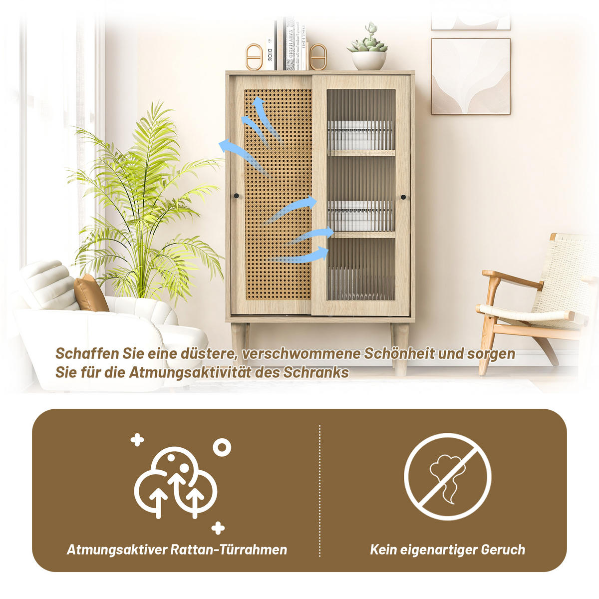 SIDEBOARD mit Rattan-Türen, 100x40x60 cm - Eiche San Remo, Glas/Holzwerkstoff (60/100/40cm) - Urban Meuble