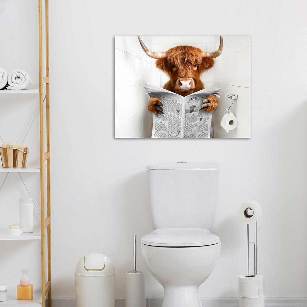 LEINWANDBILD Schottischer Highlander - Tier - Zeitung - Toilette 70x50 cm - Kastanienfarben, Textil (70/50cm) - MuchoWow