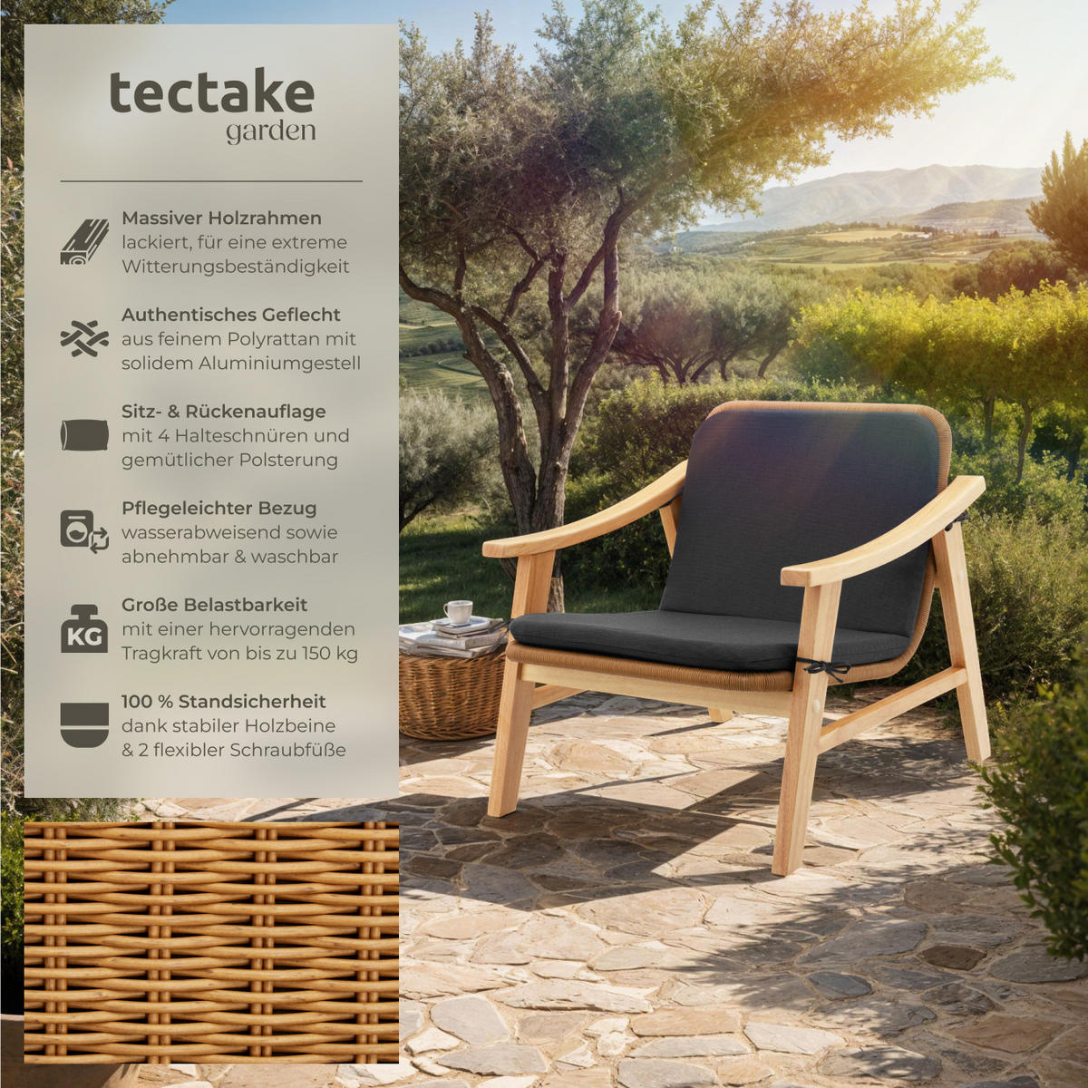 RATTAN STUHL Treviso,69 x 76 x 69,5 cm,natur - Naturfarben, Kunststoff (69/69.5/76cm) - tectake