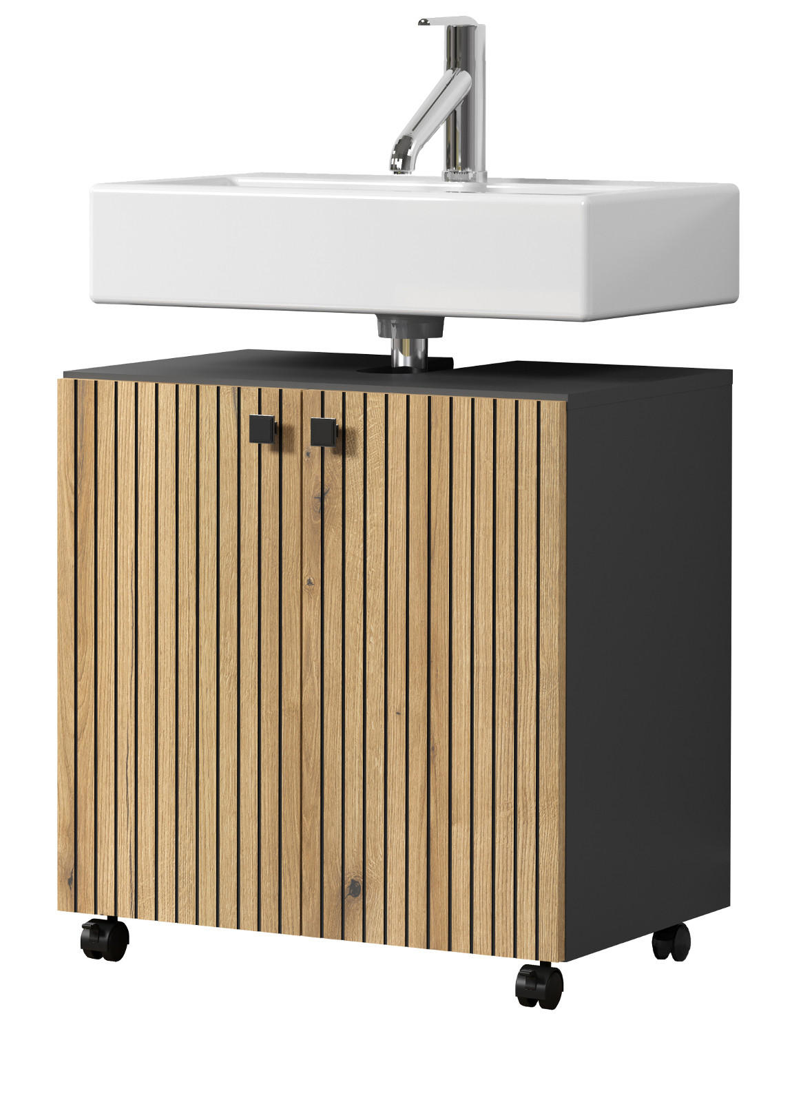 WASCHBECKENUNTERSCHRANK Evoke Eiche, grau 60 cm, Badschrank auf Rollen - Eichefarben/Anthrazit, Holzwerkstoff/Metall (60/64/42cm) - Top.Furn