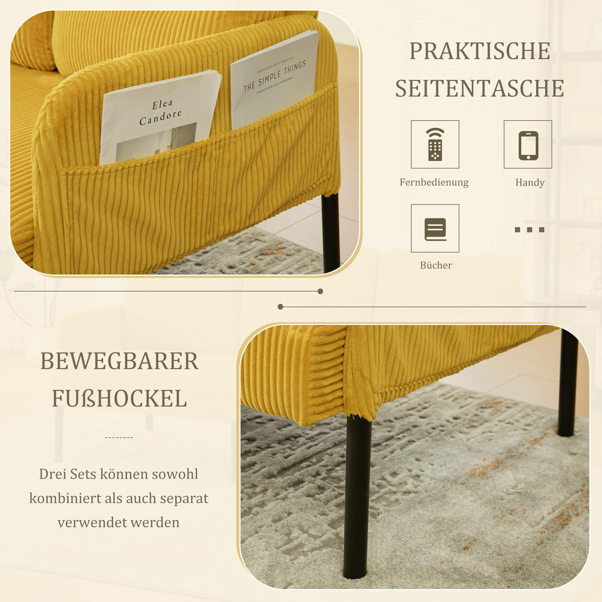SOFA 3-Sitzer mit Seitentasche 171 x 72 x 80 cm Cord Gelb - Gelb, Textil (171/80/72cm) - IVMEU