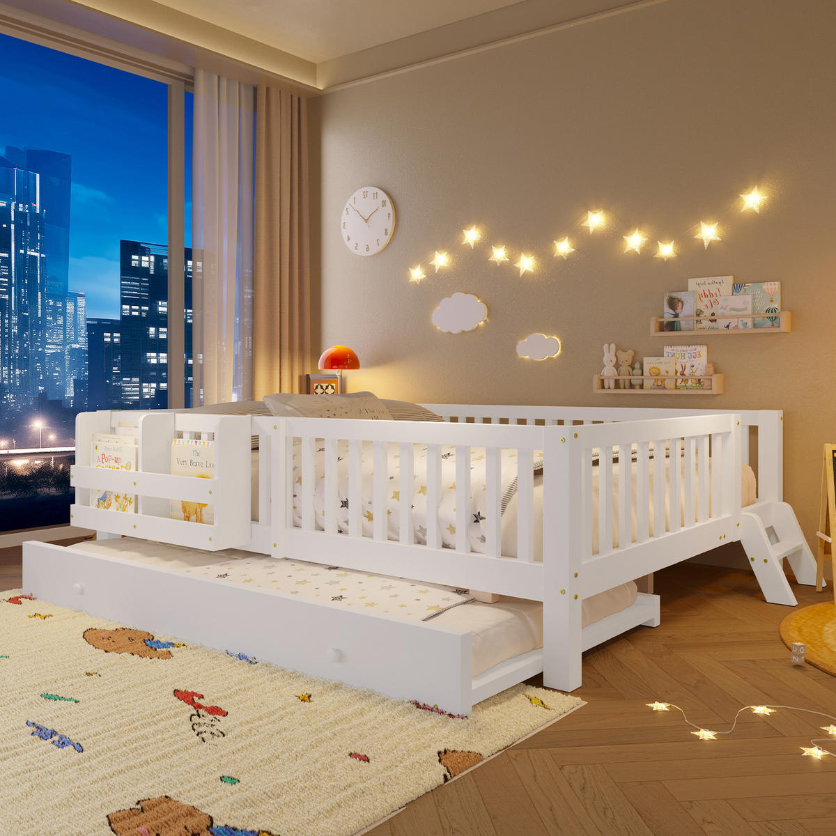KINDERBETT 140/200 cm in Weiß mit Ausziehbett und Rausfallschutz - Weiß, Holz/Holzwerkstoff (140/200cm) - WISHDOR