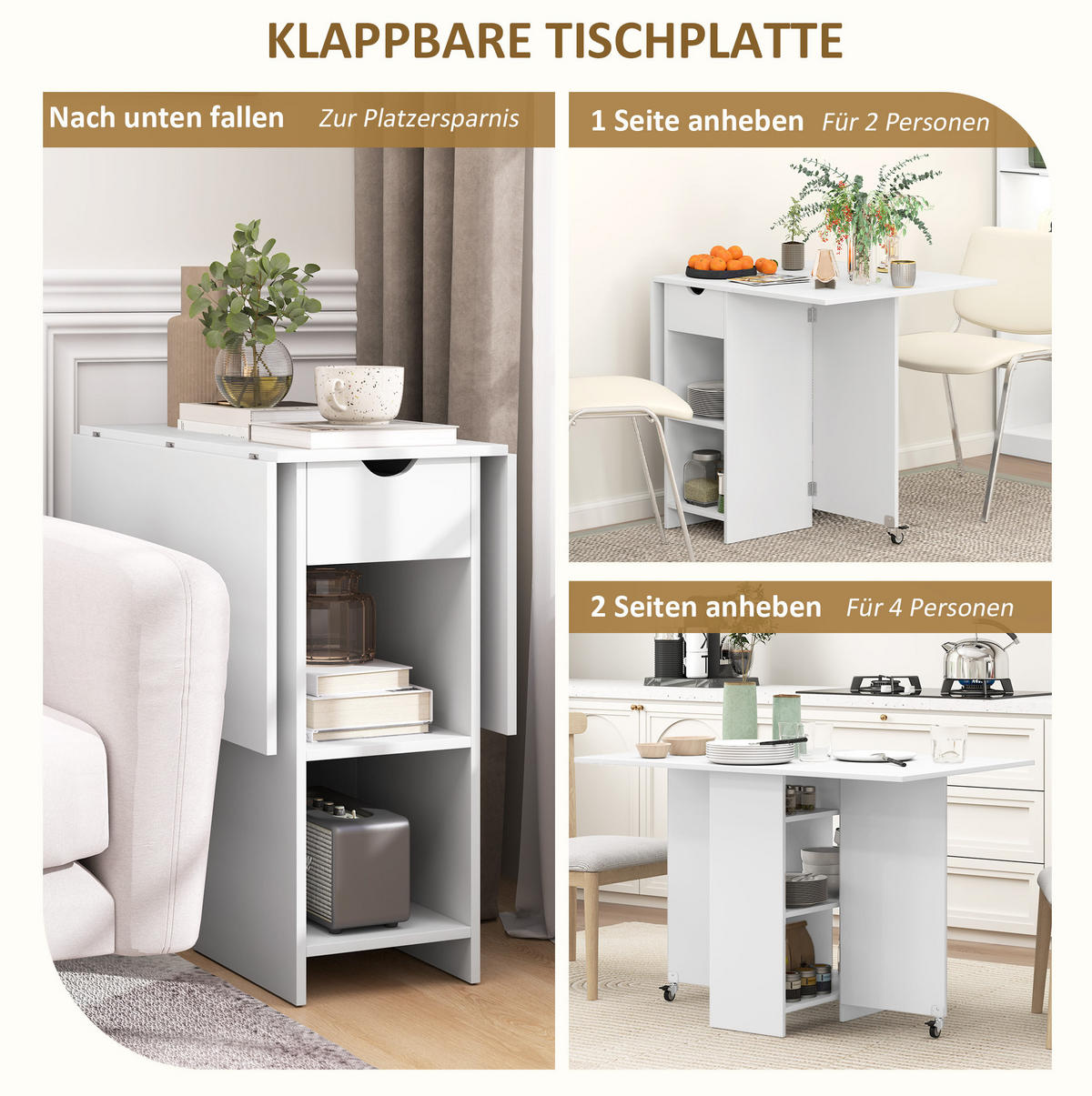 KLAPPTISCH 114,5/70/75 cm mit 2 ausklappbaren Platten, Schublade und offenen Fächern, Weiß - Weiß, Holzwerkstoff (114.5/70/75cm) - Redom