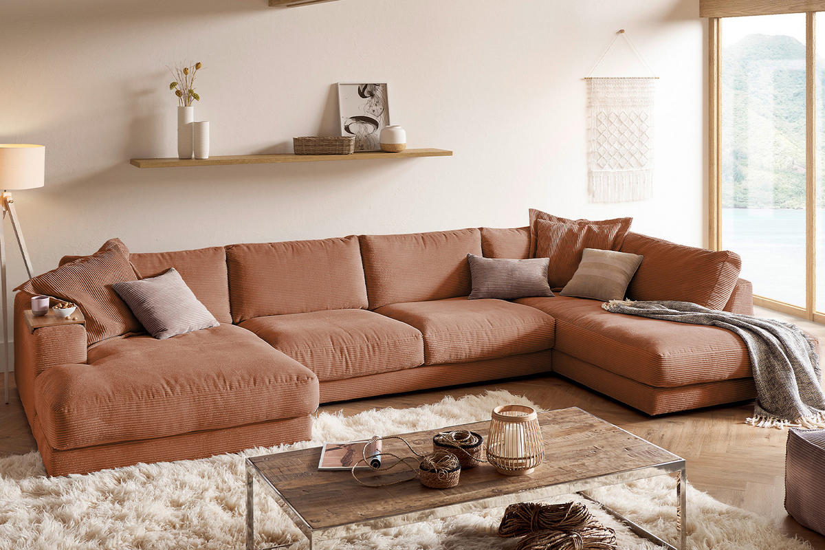 WOHNLANDSCHAFT MADELINE Braun Cord - Rotbraun/Schwarz, Kunststoff/Textil (425/86/224cm) - KAWOLA