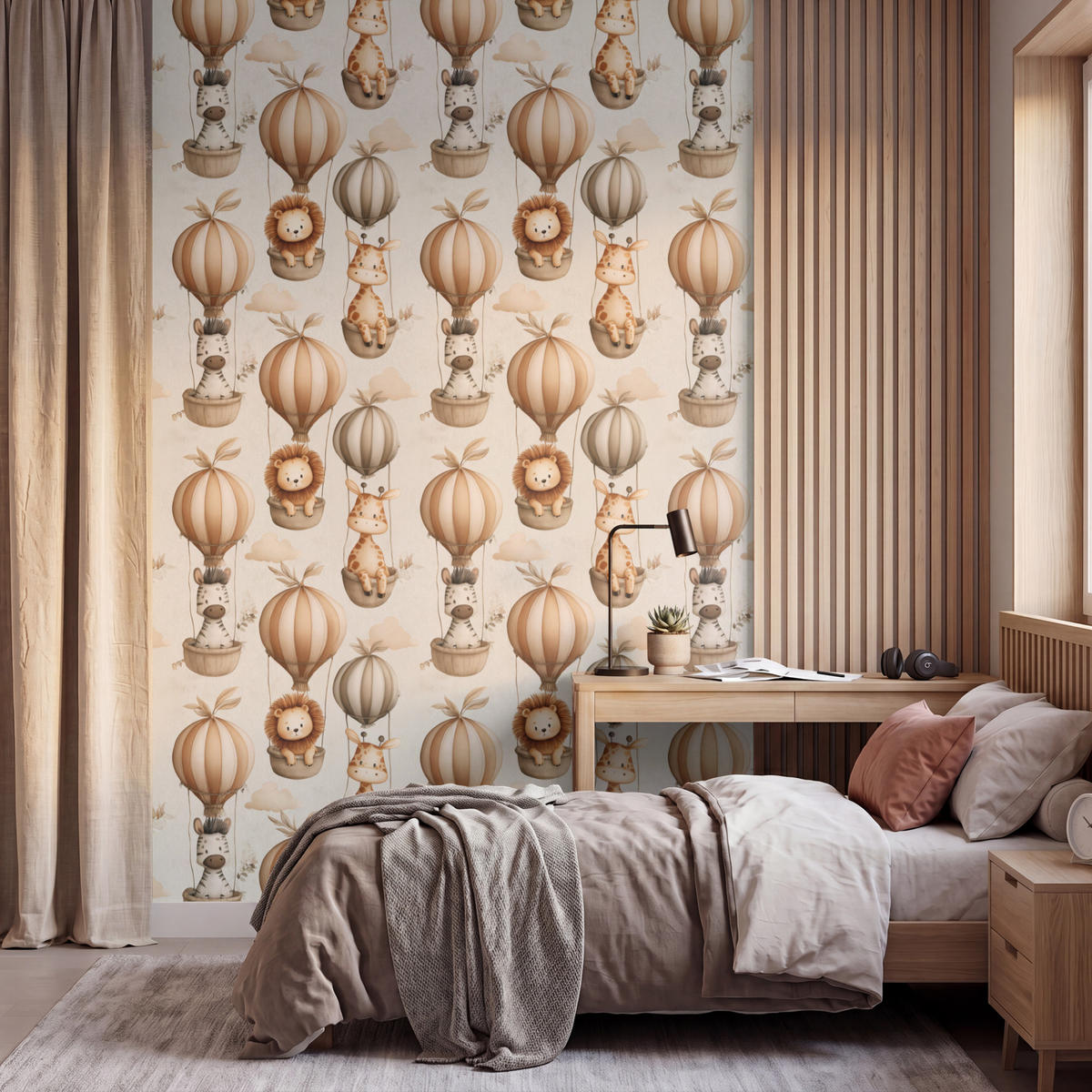 KINDERTAPETE - Safari - Heißluftballons - Taupe - 200x300 cm - Beige, Papier (200/300cm) - OnlyWow
