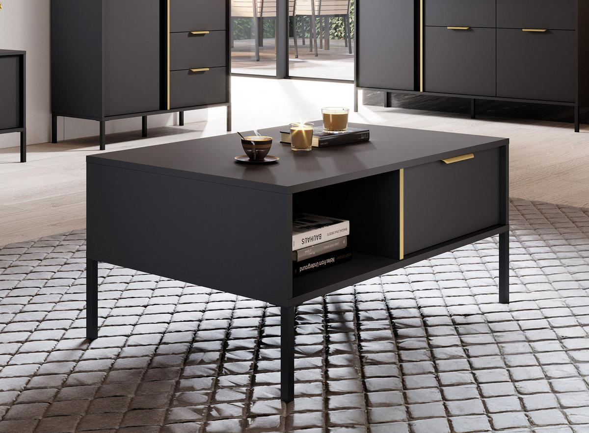 COUCHTISCH Catanian 1S Grau 96,9/44,4/60 cm – mit goldenen Griffen und schwarzen Beinen - Schwarz/Grau, Holzwerkstoff/Metall (60/96.9/44.4cm) - AX Living