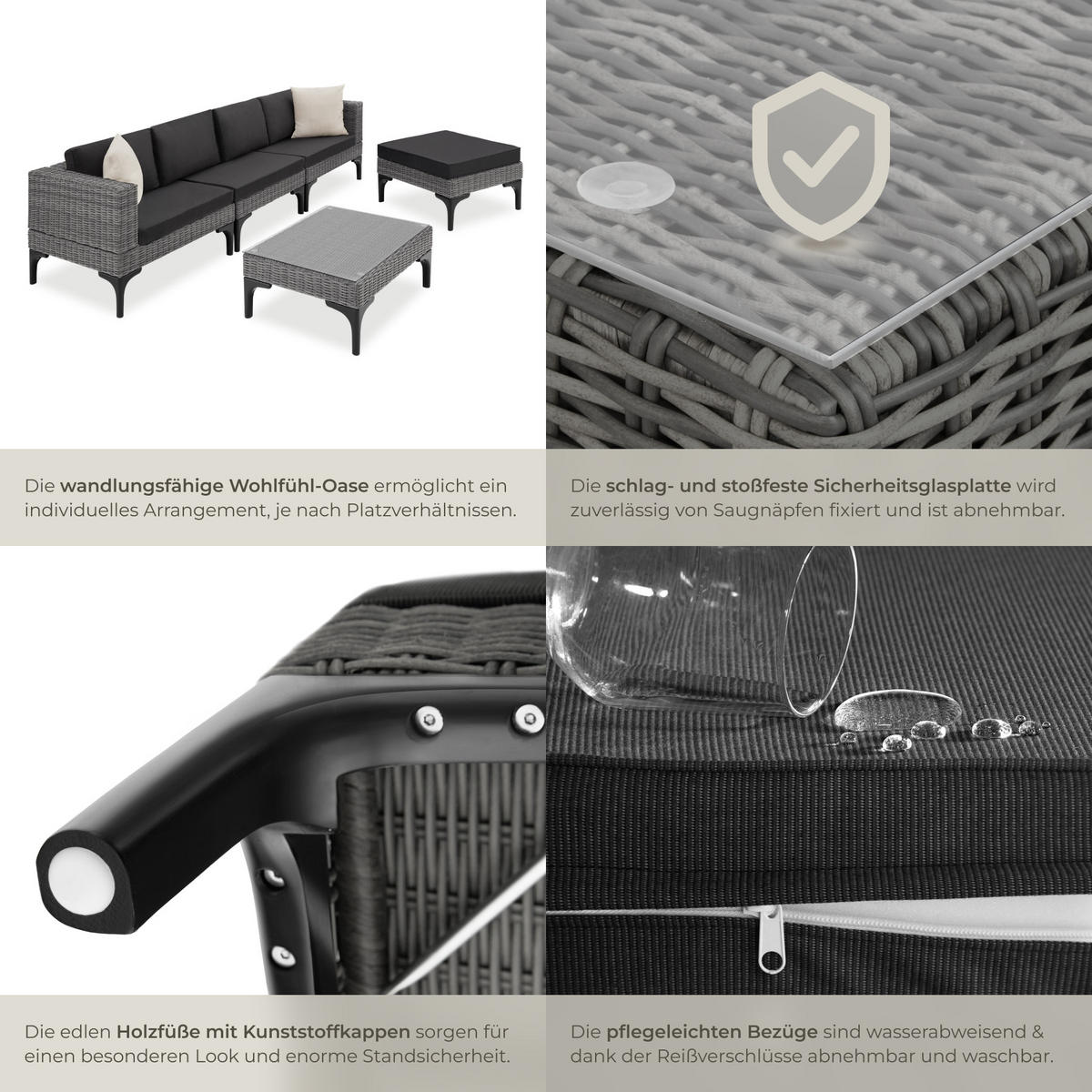RATTANLOUNGE Konstanza,mit Sicherheitsglasplatte,grau - Grau, Metall - tectake