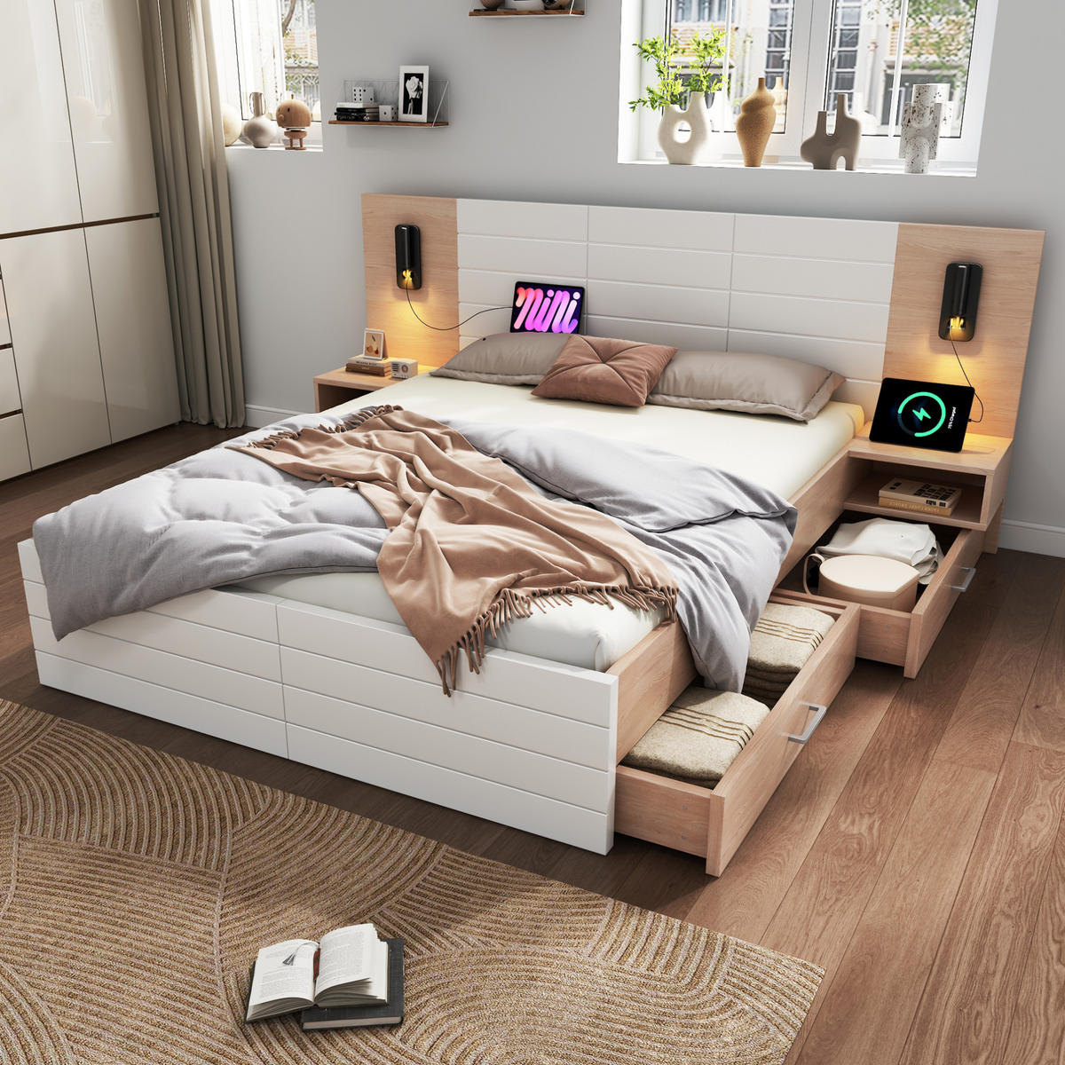 DOPPELBETT 180/200 cm mit Leselicht, USB-Anschluss, 2 Schubladen und 2 Nachtkommoden, Weiß/Eiche - Weiß, Holzwerkstoff (180/200cm) - Redom