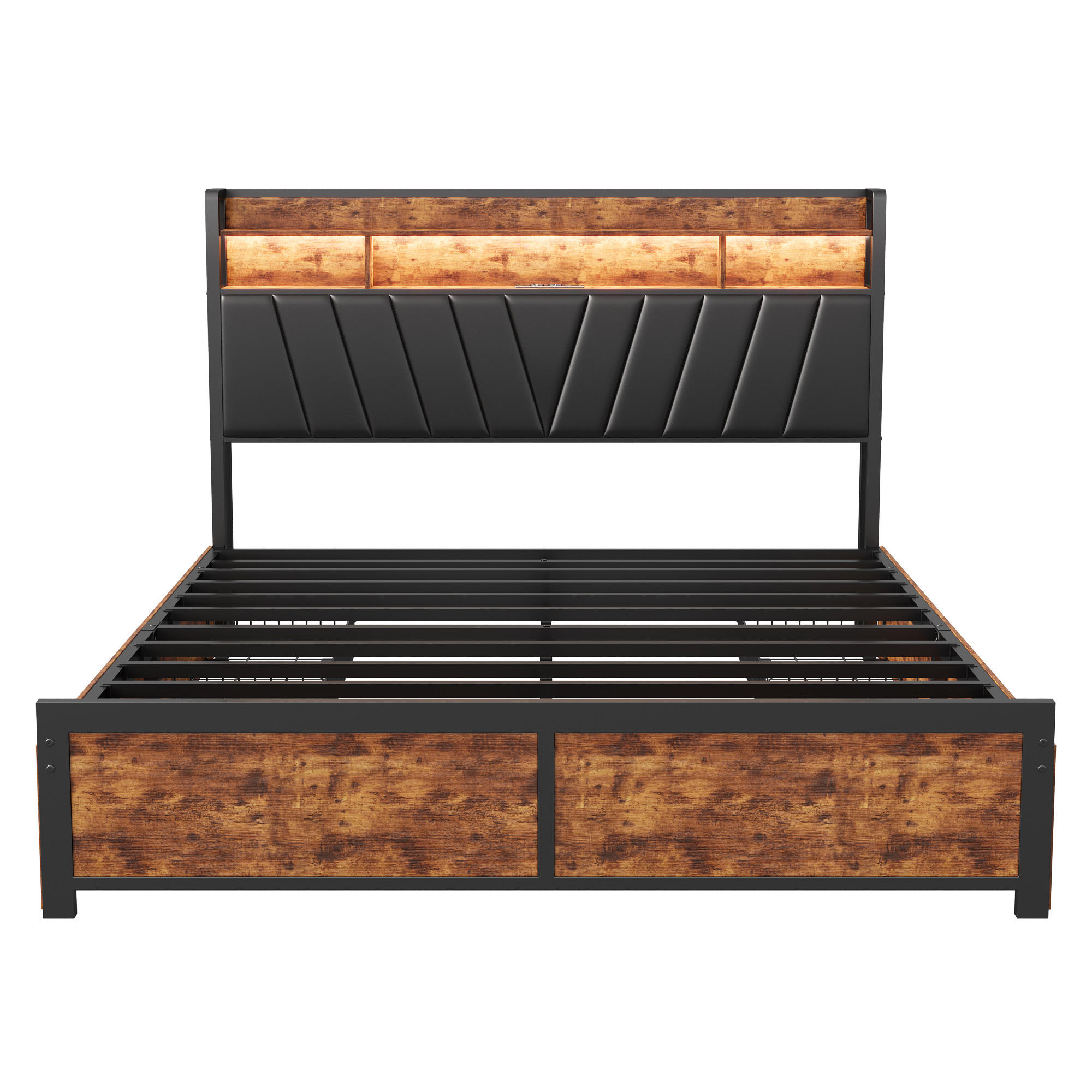 METALLBETT 180x200 cm mit Kopfteil, 4 Schubladen, LED, USB - Schwarz, Holz (180/200cm)