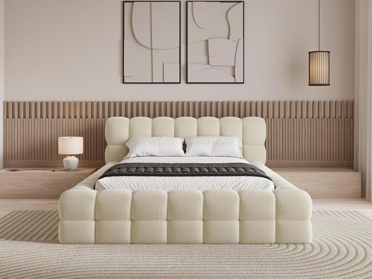 POLSTERBETT Verona 140x200 cm mit stabilem Metallrahmen, Bettkasten, Lattenrost und markantem Kopfteil - Bouclé Beige - Beige, Textil/Metall (140/200cm) - Chilly