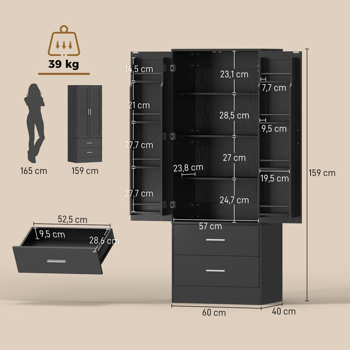 KÜCHENSCHRANK Spanplatte Schwarz - Silberfarben/Schwarz, Holzwerkstoff/Metall (40/159/60cm) - HOMCOM