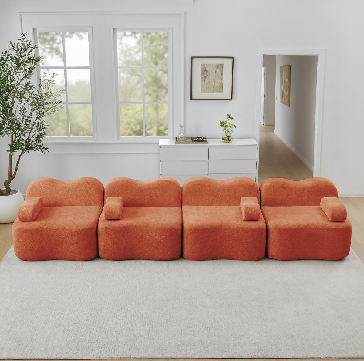 MODULARES 4-Sitzer Sofa aus Samt mit tiefer Sitzfläche Orange - Orange, Textil (98/70/384cm) - Modenvie