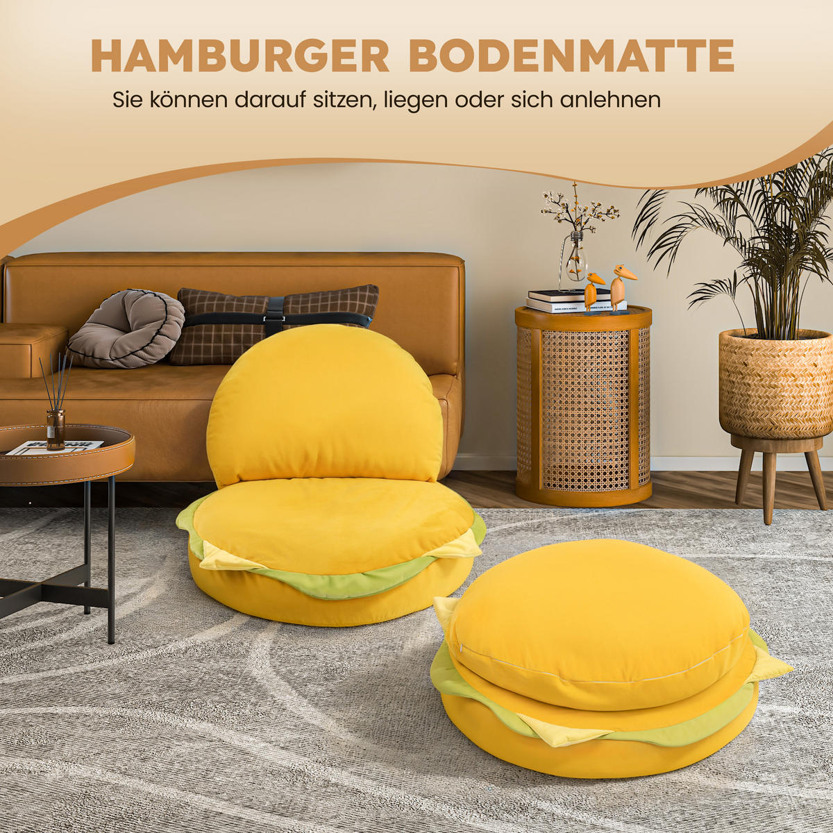 BODENSOFA Kissen in Hamburgerform - Gelb, Textil (90/90/21cm) - Vercart