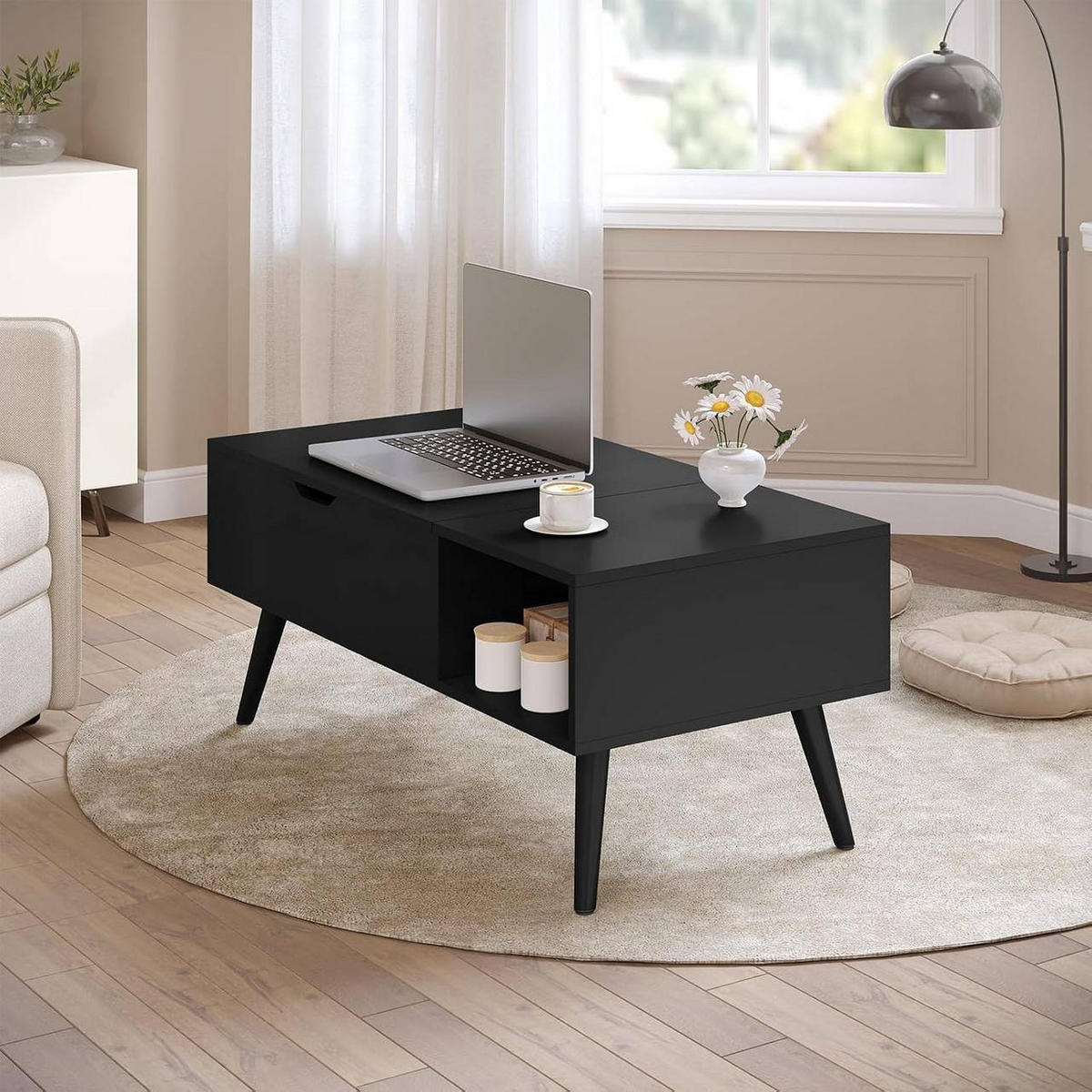 COUCHTISCH höhenverstellbar(47-53 cm), mit Stauraum, Schwarz - Schwarz, Holzwerkstoff/Metall (50/100/43cm) - Woltu