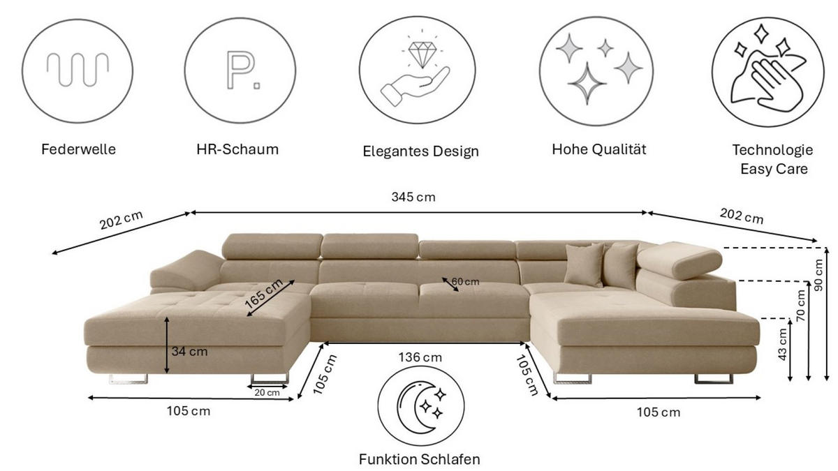 ECKSOFA Falio II U-förmiges Mit Schlaffunktion Und Verstellbaren Kopfstützen Hellbeige Rechts - Creme, Holz/Textil (345/202cm) - Kaiser Möbel