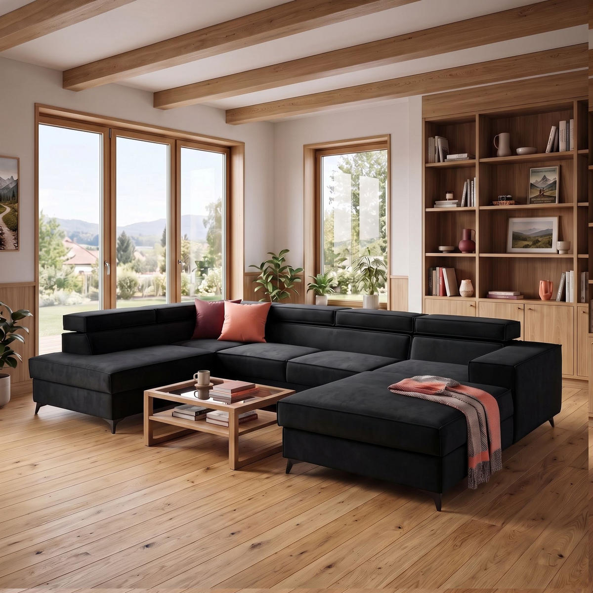 ECKSOFA PURE U Links mit Schlaffunktion 127x270 Velours Graphit - Graphitfarben/Schwarz, Holz/Textil (340/204cm) - Muffo