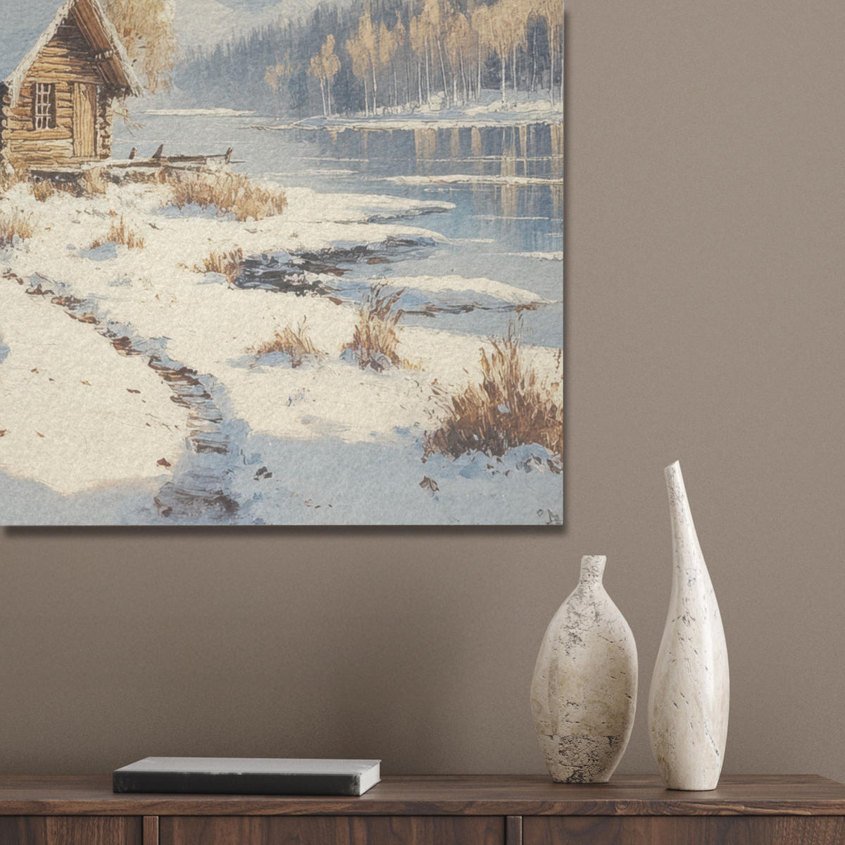 AKUSTIKPANEEL Winter - Schnee - Zuhause - Natur 60x80 cm - Hellbraun, Textil (60/0.9/80cm) - MuchoWow