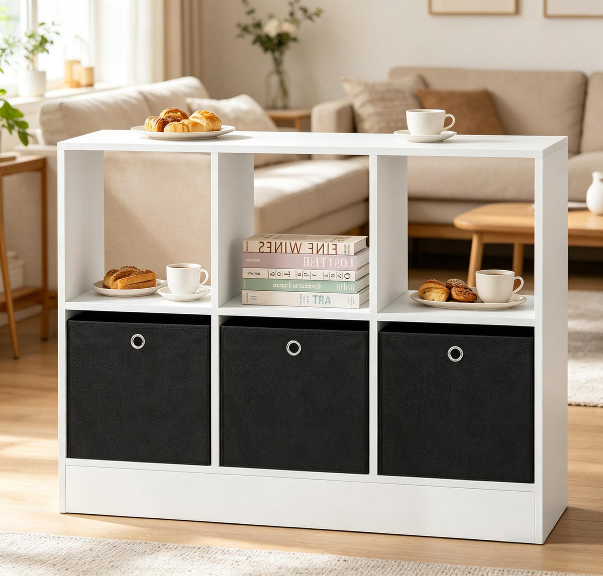 BÜCHERREGAL Weiß/Schwarz mit 3 Stoffschubladen 80/30/61 cm - Schwarz, Holzwerkstoff (80/61/30cm) - PANGIVO