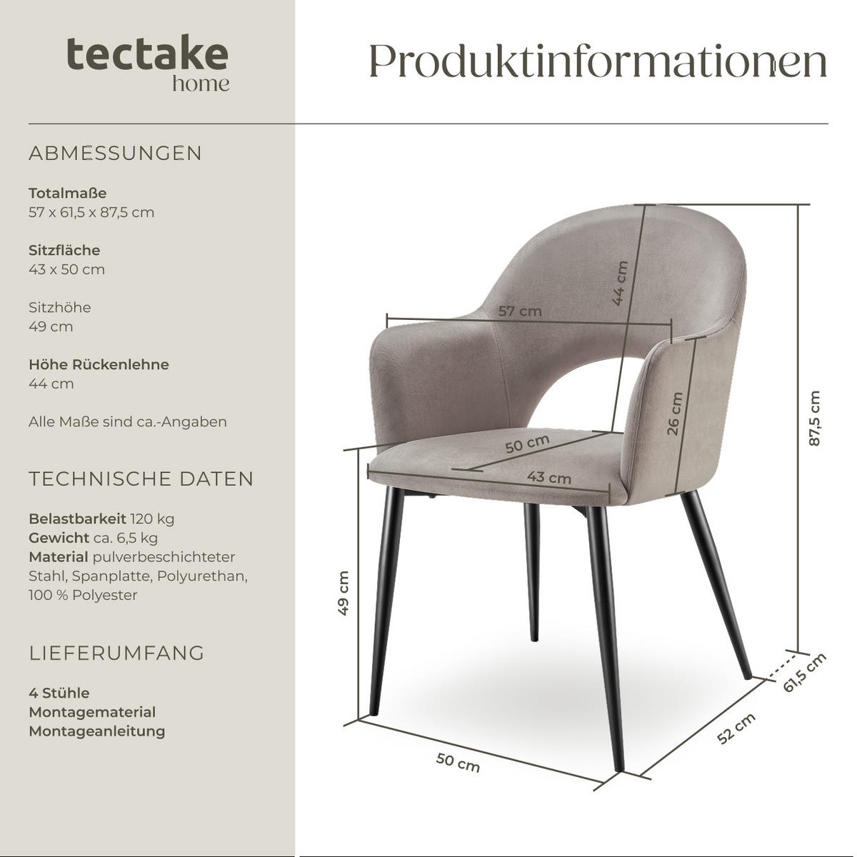 ARMLEHNSTUHL Sachel,57 x 61,5 x 87,5 cm,taupe - Taupe, Kunststoff (57/87.5/61.5cm) - tectake