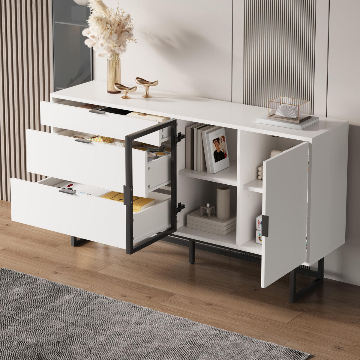SIDEBOARD 160/36/78 cm mit LED-Beleuchtung, Glastüren & 3 Schubladen in Weiß - Weiß, Holzwerkstoff (160/78/36cm) - BEAOK
