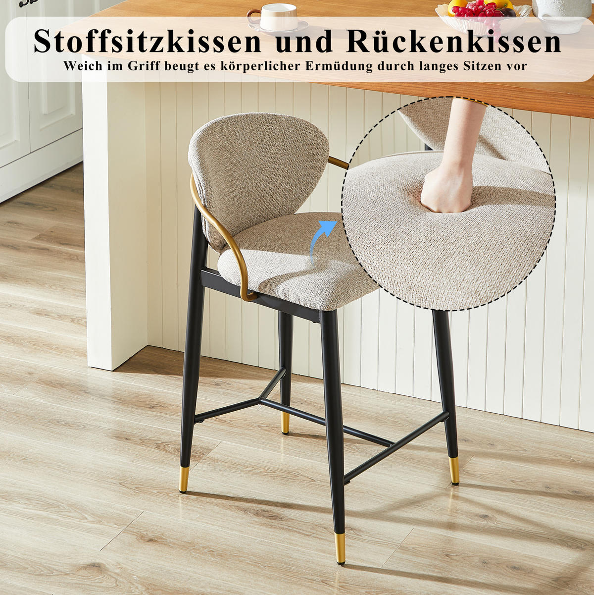BARHOCKER 2er-Set mit Rückenlehne Chenille Hellbraun Schwarz-Gold - Hellbraun, Metall (52/87/57cm) - Meubliv