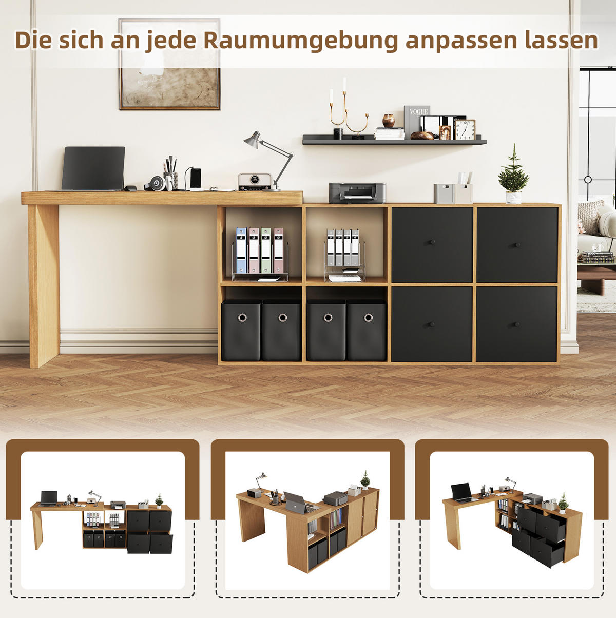 PSACÍ stůl, otočný 360°, 120/48/78 + 140/35/74 cm, MDF černá/dub - barva dubu, kompozitní dřevo (140/74/35cm) - BEAOK