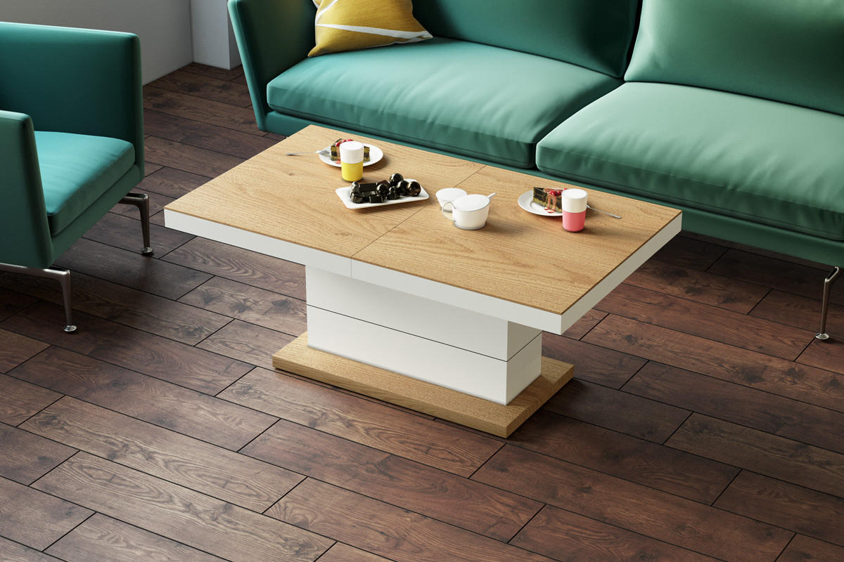 COUCHTISCH rechteckig Eiche Natur Weiß Hochglanz auziehbar höhenverstellbar 120/70/50 cm - Weiß Hochglanz/Eichefarben, Holzwerkstoff (70/120/50cm)