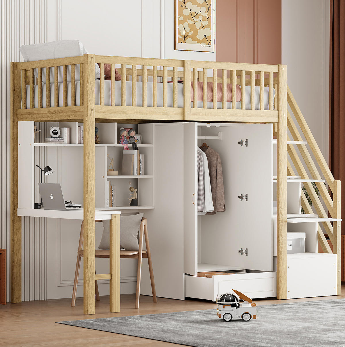 HOCHBETT 90/200 cm mit Kleiderschrank, Schreibtisch und Stauraumtreppe - Naturfarben, Holz (90/200cm) - Flora Grace