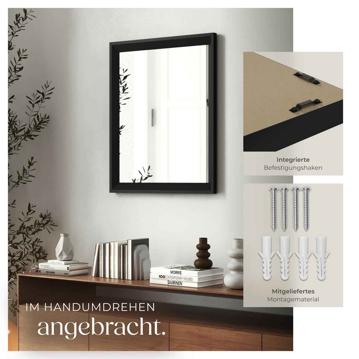 RECHTECKIGER WANDSPIEGEL Elina,integrierte Befestigungshaken,schwarz - Schwarz, Glas (40.6/50.8/3.8cm) - tectake