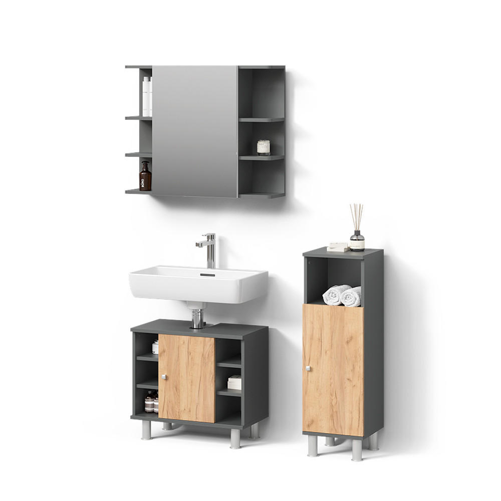 BADMÖBEL-SET Fucino Anthrazit/Goldkraft Eiche 3 Teile mit Midischrank - Anthrazit/Eiche Wotan, Holzwerkstoff (60/54/32cm) - Livinity®