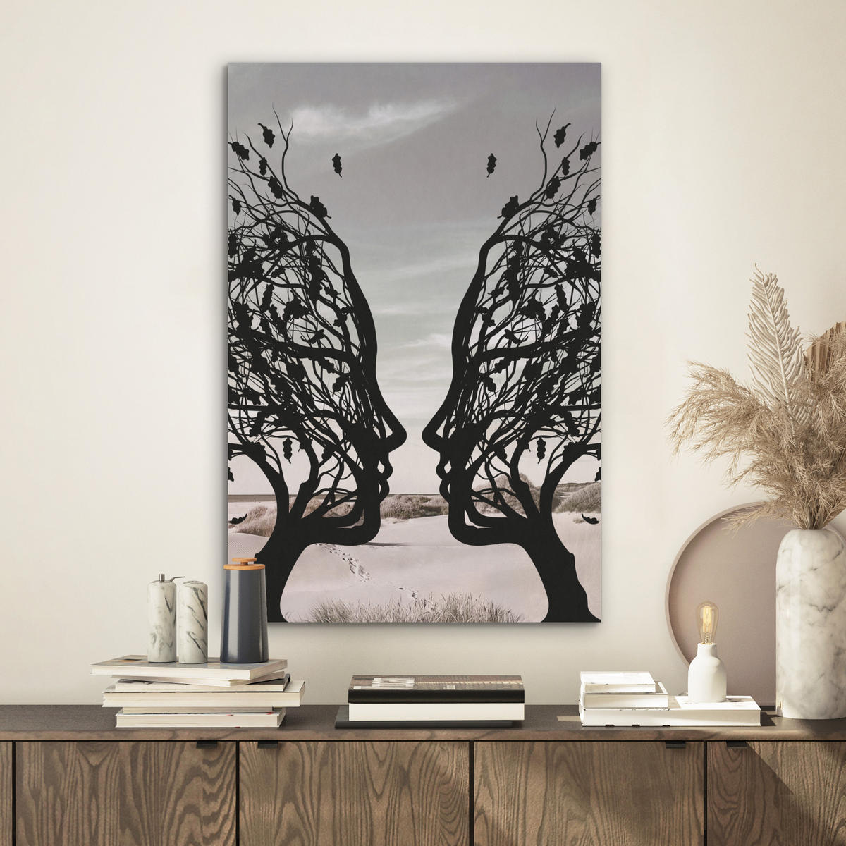 AKUSTIKBILD Strand - Meer - Menschen - Baum - Moderne Kunst Kunstdruck Schlafzimmer 50x70 cm - Hellgrau, Kunststoff (50/70/0.9cm) - MuchoWow