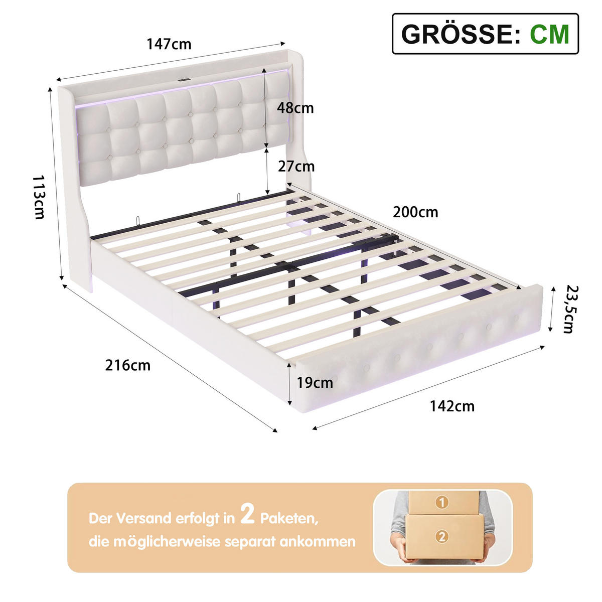 POLSTERBETT 140x200 cm mit LED und USB, Doppelbett mit Lattenrost und Kopfteil, Samtbezug, Weiße - Weiß, Holzwerkstoff/Textil (140/200cm) - GENKI LIVING