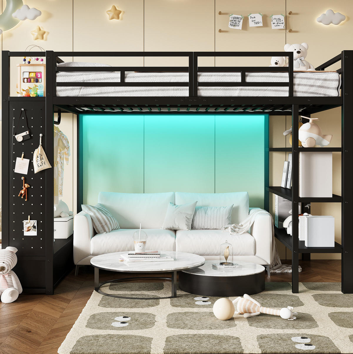 HOCHBETT MDF & Metall 140x200 cm Schwarz mit Kleiderschrank, Regalen, Lochwand und LED-Beleuchtung - Schwarz, Holzwerkstoff (140/200cm) - Modfu
