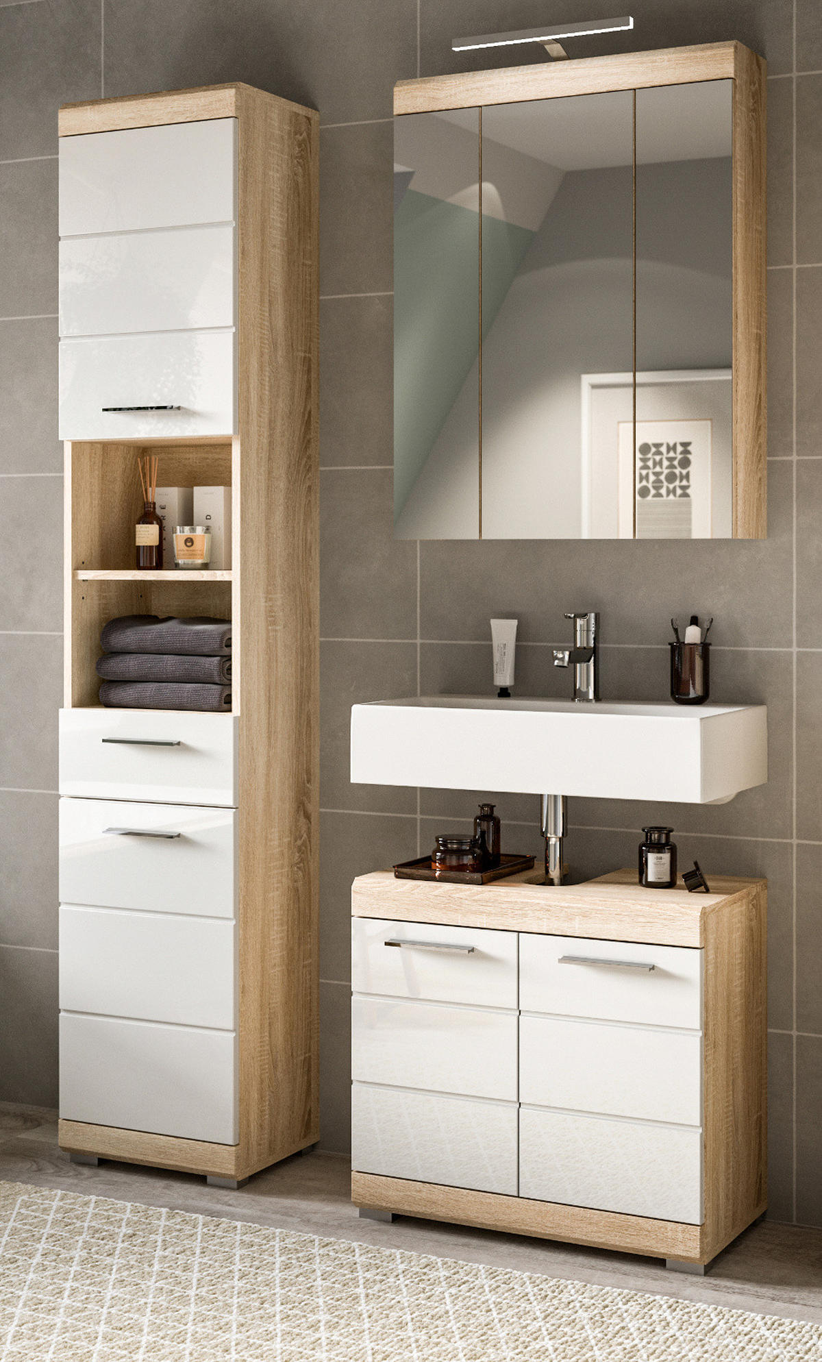 BADMÖBEL-SET weiß Hochglanz, Eiche 3-teilig 112 cm, Kombination mit viel Stauraum - Weiß Hochglanz/Eichefarben, Holzwerkstoff (112/191/34cm) - Inn.Furn