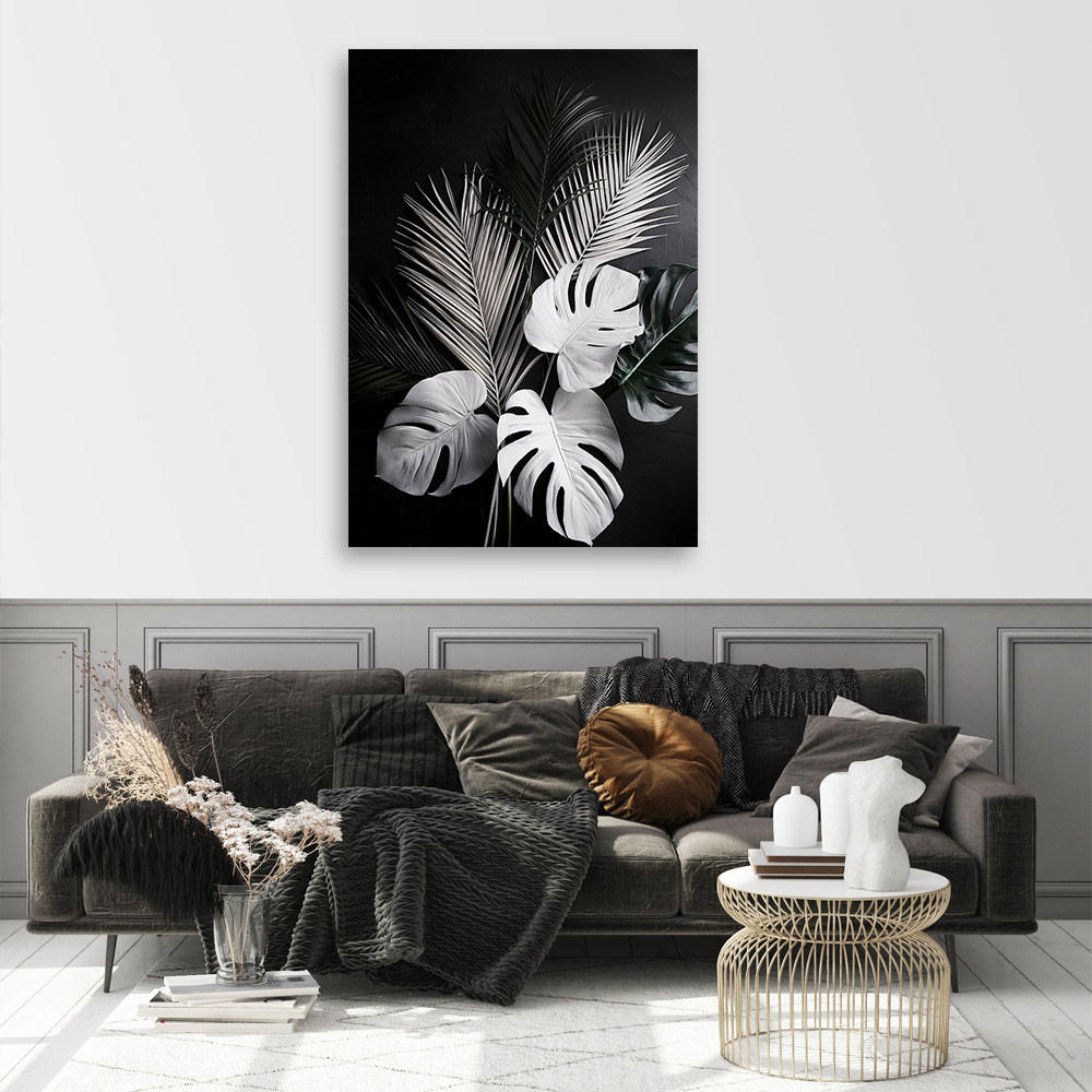 WANDBILD monstera palmenblätter schwarz und weiß - Schwarz, Textil (80/120cm) - Feeby