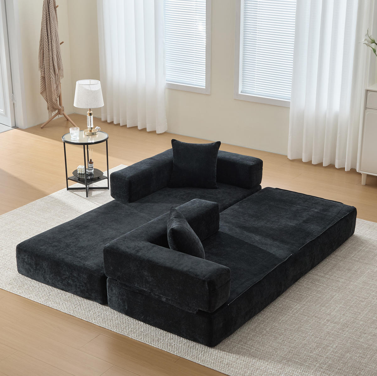 SOFA modular 198 x 79 cm Chenille Black - Schwarz, Kunststoff (31.1/23.62/77.95cm) - Meubliv