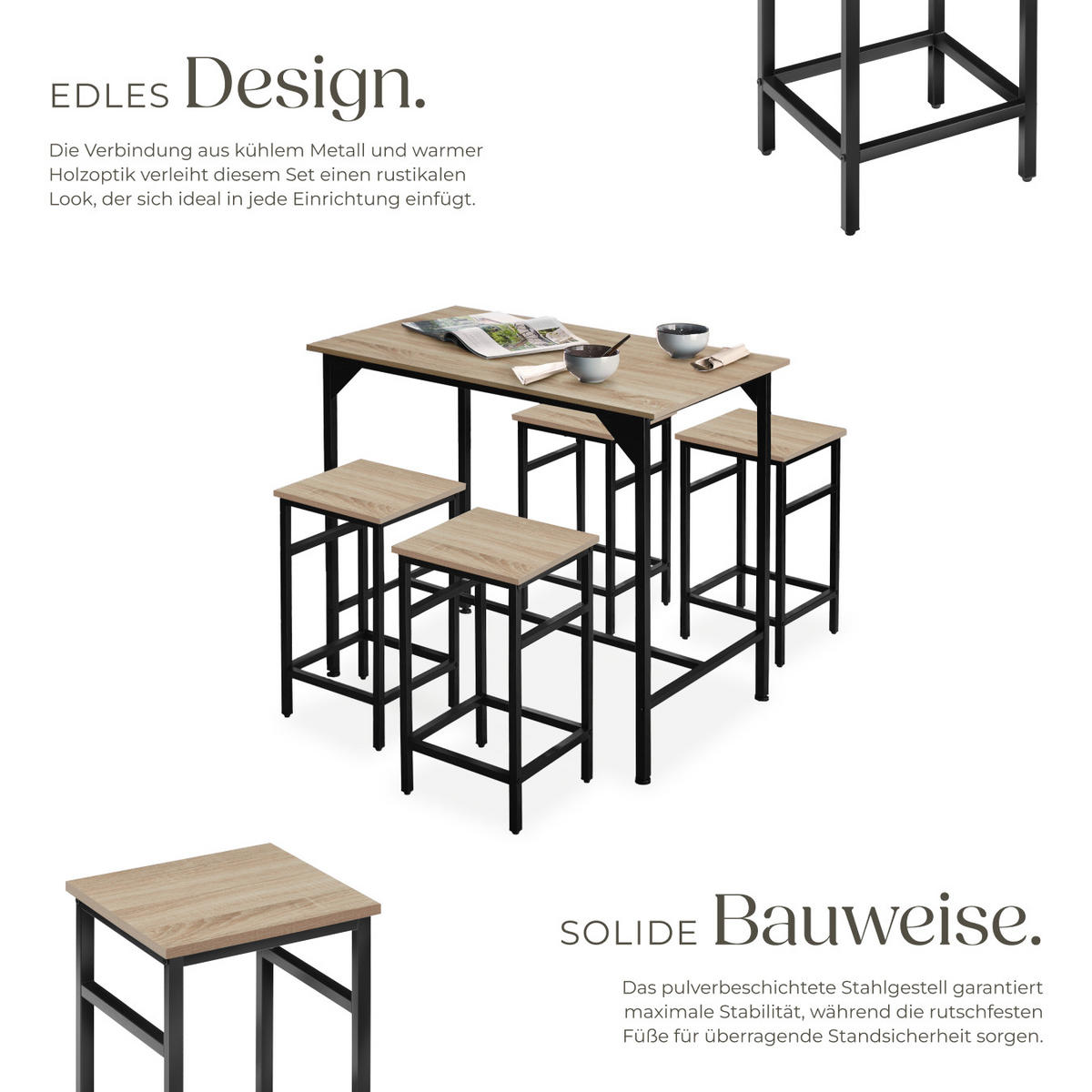BARTISCH-SET Edinburgh,mit höhenverstellbaren Kunststofffüßen,Industrial Holz hell, Eiche Sonoma - Naturfarben, Holz (124/88.5/100cm) - tectake